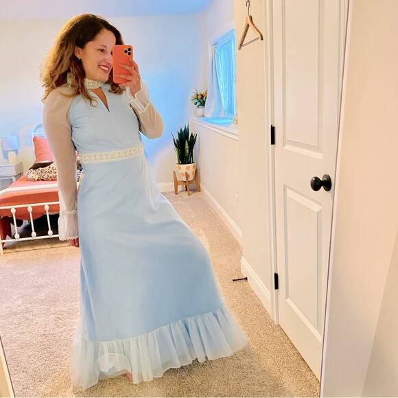 Vintage Dresses & Skirts - Vintage Handmade Blue White Lace Long Sleeve Maxi Gown Small